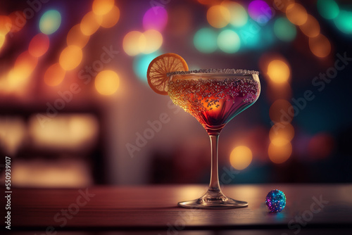 illustration of a glass of  alcohol beverage on counter with glitter glow bokeh light  photo