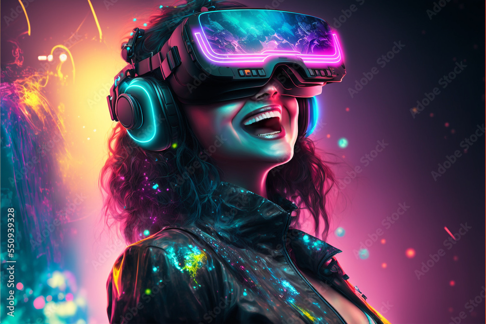 illustration of a laughing women wearing VR headset  with cyber  theme background 