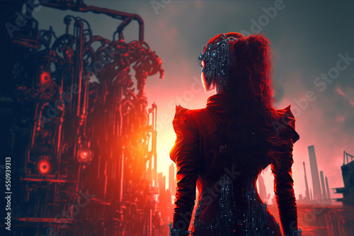 illustration of a woman cyborg or humanoid character  with futuristic background photo