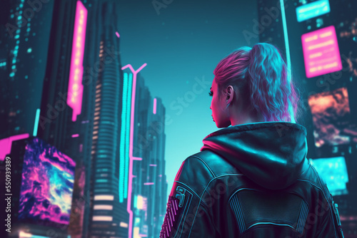 illustration of women backside with futuristic cityscape as background