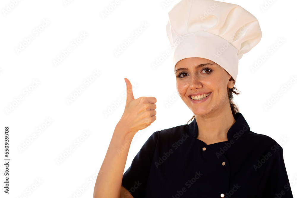 chef woman with chef hat showing copy space chef woman with chef hat showing copy space