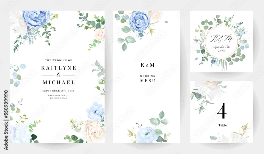 Dusty blue rose, white hydrangea, ranunculus, magnolia, eucalyptus, greenery, juniper, anemone vector design frames