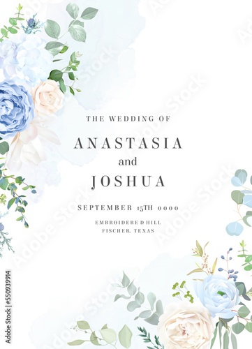 Creamy beige rose, dusty blue ranunculus, magnolia, white hydrangea, peony, eucalyptus