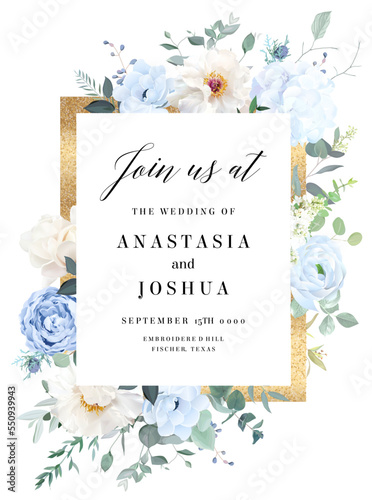 Dusty blue rose, white hydrangea, ranunculus, magnolia, eucalyptus, greenery, juniper
