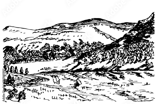 Hand drawn vector landscape with mountains, trees in the mountains. Perfect for banner, poster and sticker design.