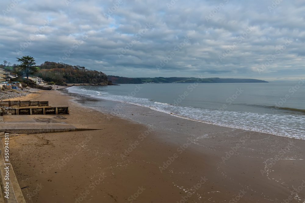 A view along the main beach in Saundersfoot, Wales in winter