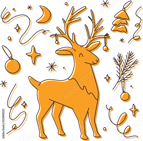 Magic linear Christmas and New Year deer clipart set. Cute and folk festive elk. Winter floral elements. Wild nature vector illustration. © artothecary