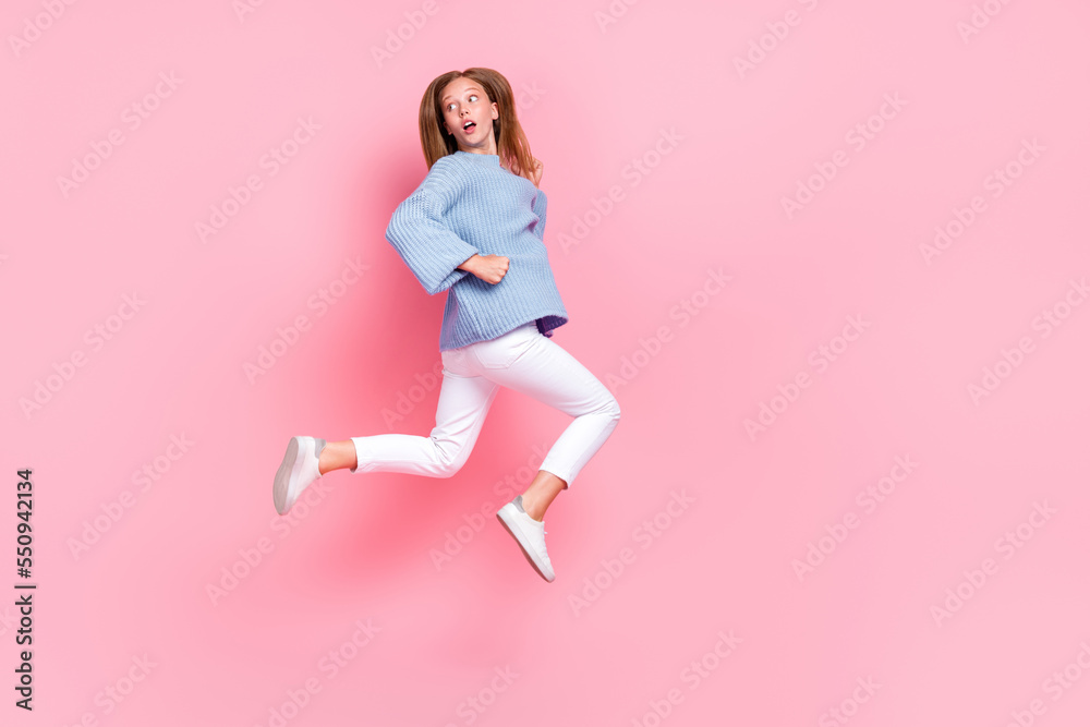 Full body length photo of teen age schoolkid girl running looking empty space fast shocked cheap prices best offer isolated on pink color background Full body length photo of teen age schoolkid girl running looking empty space fast shocked cheap prices best offer isolated on pink color background