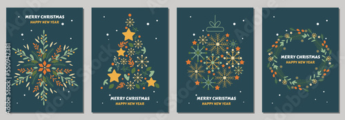 Christmas cards with merry christmas with xmas decorations and typography design. Vector illustration. Happy Holidays. Vector. Dark background.