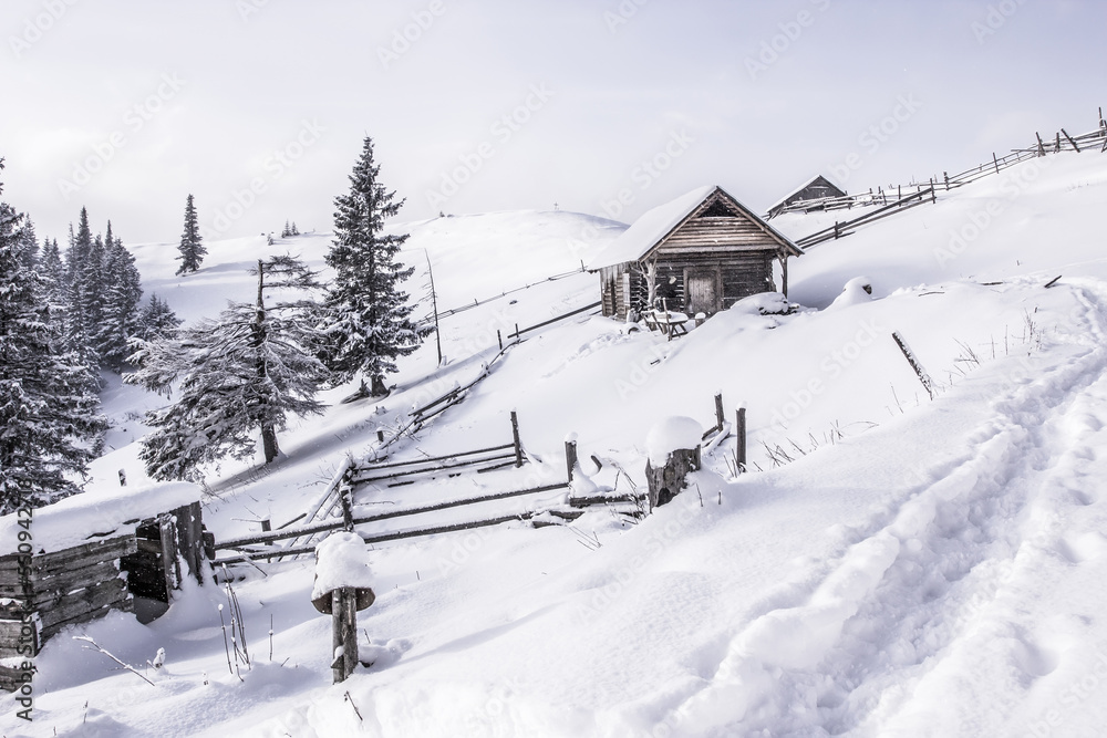 winter mountains scenery, awesome sunset landscape, Carpathian mountains, Ukraine, Europe	