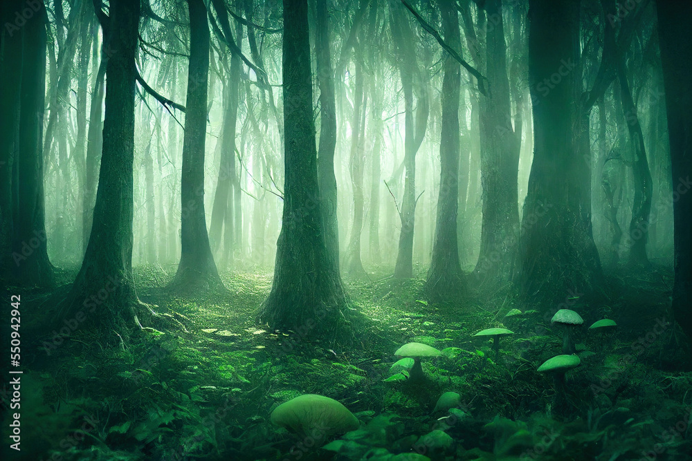 Magic green forest with mushrooms and old trees