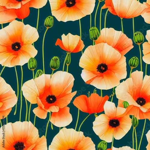 California poppy seamless flower pattern. Hand painted watercolor floral background.