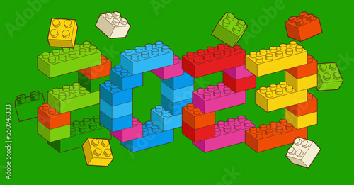 Number 2023 sign from Plastic building blocks. Colored bricks happy new year are isolated on white background. Vector 3d illustration.