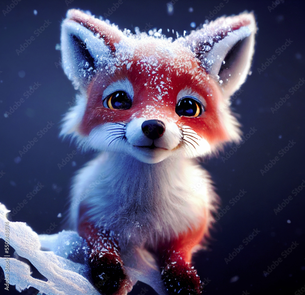 Obraz premium Baby fox cartoon, standing in a winter landscape