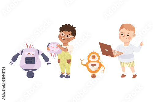 Little Boy Assembling Robot Engineering Smart Technology and Artificial Intelligence Vector Set