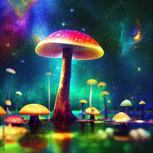 Glowing mushroom lamps with fireflies in the magic forest