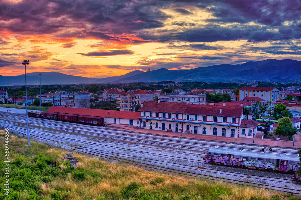 Fototapeta premium Drama railway station at sunset, northern Greece