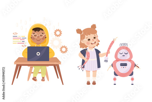 Little Boy and Girl Writing Code and Assembling Robot Engineering Smart Technology and Artificial Intelligence Vector Set