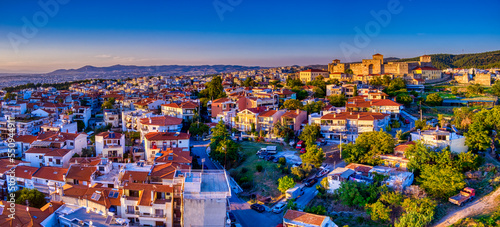 Aerial drone view of city of Thessaloniki at sunset, North Greece