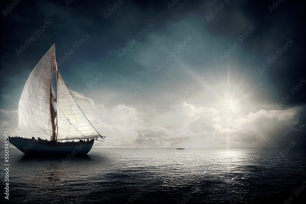 Sailing ship on the open ocean with waves
