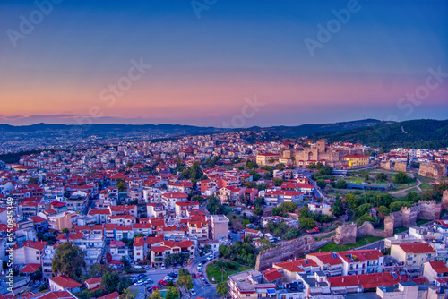 Aerial drone view of city of Thessaloniki at sunset, North Greece