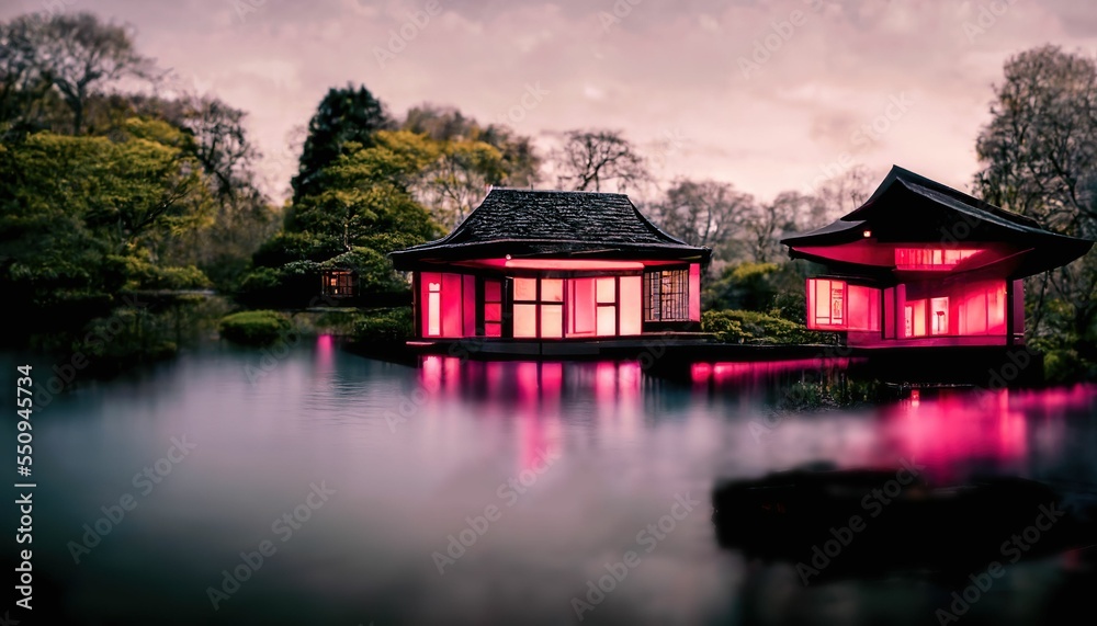Fototapeta premium Japanese garden with cherry blossom, sakura, houses reflecting in the lake