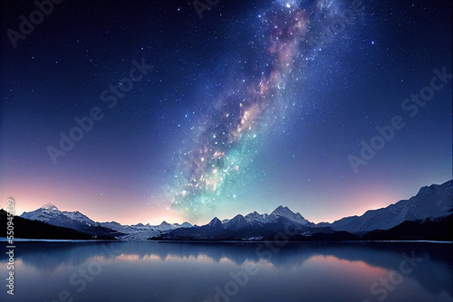 Panoramic landscape, lake view, mountain peaks at night with galaxy