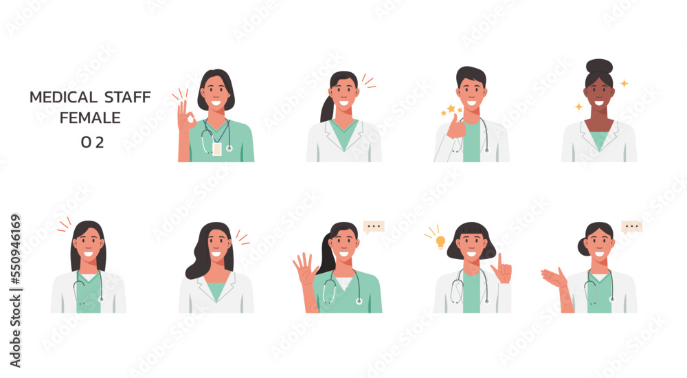 People portraits of medical staffs with positive emotion isolated set, female faces avatars, vector flat illustration
People portraits of medical staffs with positive emotion isolated set, female faces avatars, vector flat illustration