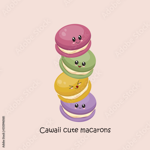 Cute and funny colourful four kawaii macaron characters on a peach  background. Vector hand drawen illustration for card, design, flyer, poster, decor, banner, web, advertising, menu, cafe