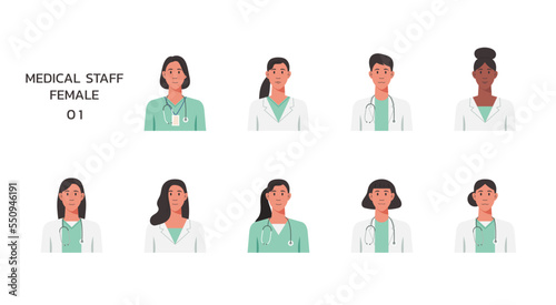 People portraits of medical staffs isolated set, female faces avatars, vector flat illustration 