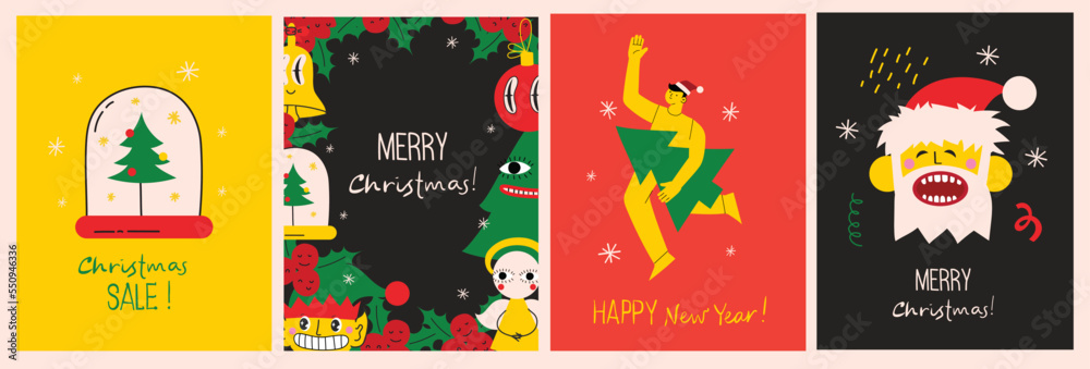 Merry Christmas and Happy New Year Set of greeting cards, posters, holiday covers. Modern Xmas design in green, red, yellow and white colors. Christmas tree, balls, fir branches, gifts elements