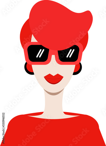 a woman or girl with red hair, red lips, red glasses and red dress. vector. isolate. 