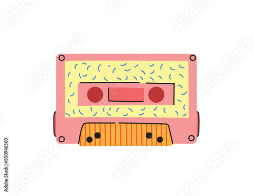 Retro music cassette. Stereo DJ tape, vintage 90s cassettes tapes and audio tape. antique radio play cassette, 1970s or 1980s rock music mix audiocassette. Vector icons set