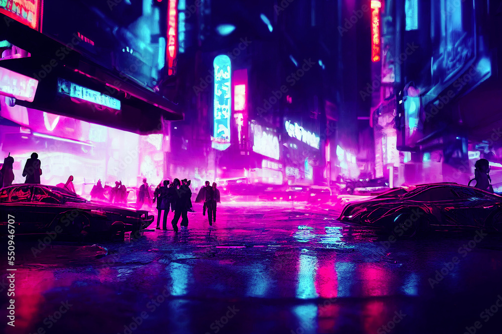 Futuristic cyberpunk city. Skyscrapers view, at night on a rainy day. Big, tall buildings. Dark technology, urban town architecture. Concept skyline