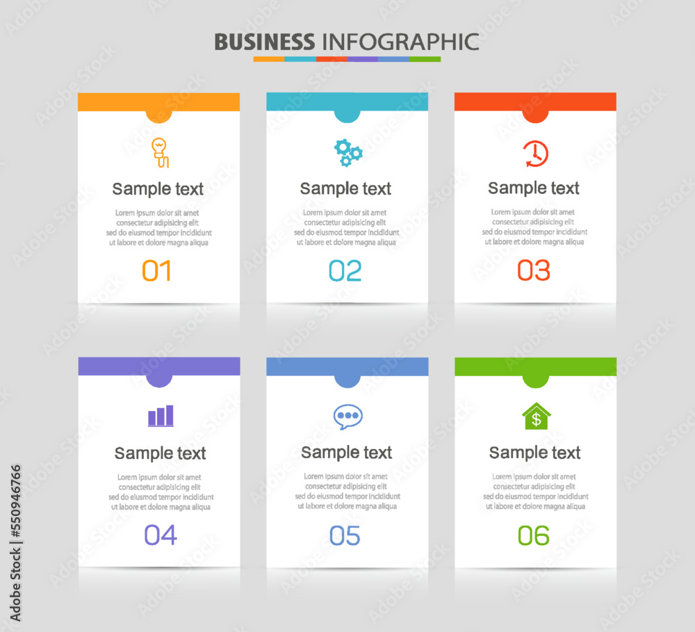 Business vector infographic design template with icons and 6 options or steps. Can be used for process diagram, presentations, workflow layout, banner, flow chart, info graph