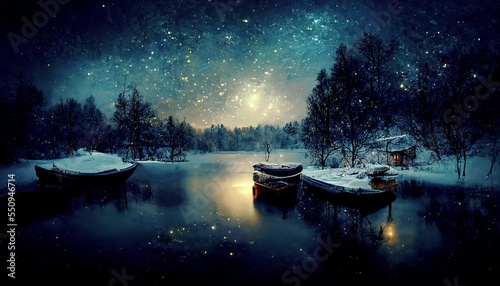 Beautiful landscape, lake, starry night, winter time