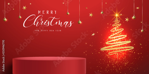 Merry Christmas banner with product display cylindrical shape and festive decoration for christmas
