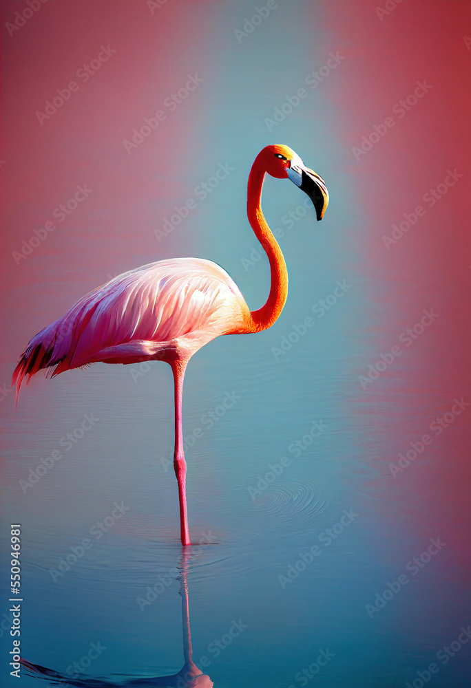 Fototapeta premium Beautiful pink flamingo posing on lake background