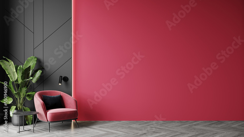 Viva magenta is a trend colour year 2023 in the luxury living lounge. Painted mockup wall for art - crimson red burgundy colour. Blank modern room design interior home. Accent carmine red. 3d render © Viktoriia