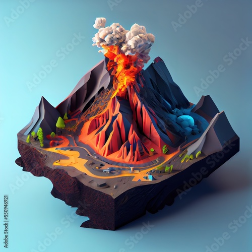 Eruption of volcano, natural disaster. Beautiful cartoon isometric diorama generated by Ai 