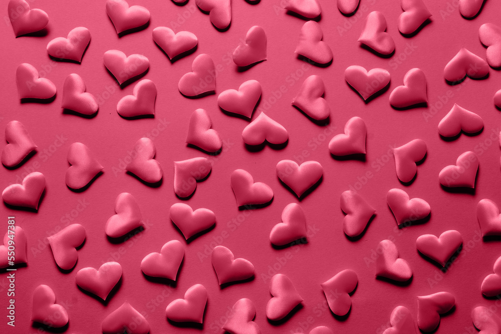 Pattern of romantic hearts on viva magenta background. Trending color of 2023 - Viva Magenta. Pattern of romantic hearts on viva magenta background. Trending color of 2023 - Viva Magenta.