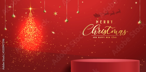 Merry Christmas banner with product display cylindrical shape and christmas tree with golden sparkles