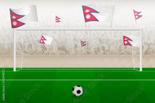 Nepal football team fans with flags of Nepal cheering on stadium, penalty kick concept in a soccer match.