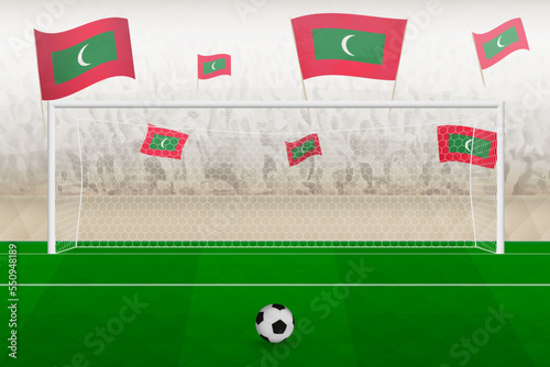 Maldives football team fans with flags of Maldives cheering on stadium, penalty kick concept in a soccer match.