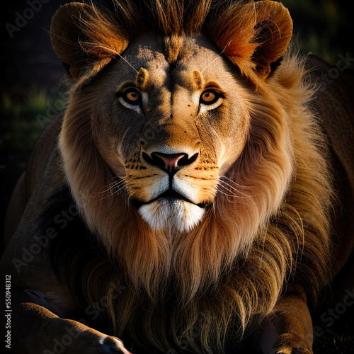Portrait of a resting Beautiful Lion with a big mane