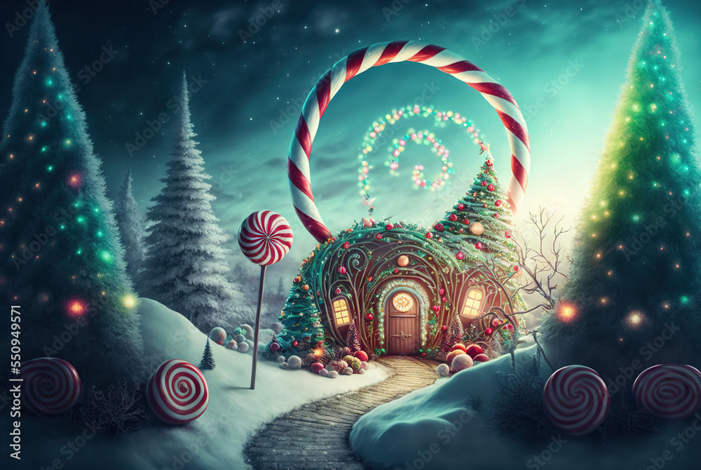 A beautiful Merry Christmas themed festive night scene in winter. A Happy New Year and Christmas Wallpaper. A Generative AI Digital Illustration.	