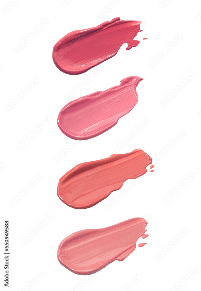 set of lipstick smears, acryl gel, glossy pink nail polish, cosmetics beauty product texture, liquid blush, lipstick, lipgloss swatches, isolated png	 - obrazy, fototapety, plakaty 