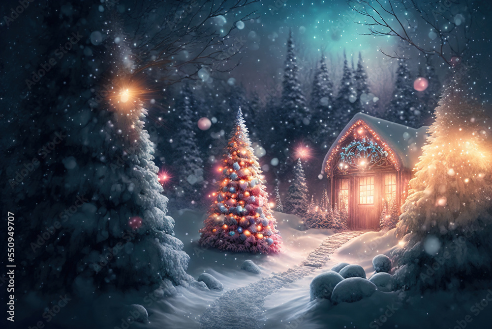 Obraz premium A beautiful Merry Christmas themed festive night scene in winter. A Happy New Year and Christmas Wallpaper. A Generative AI Digital Illustration.