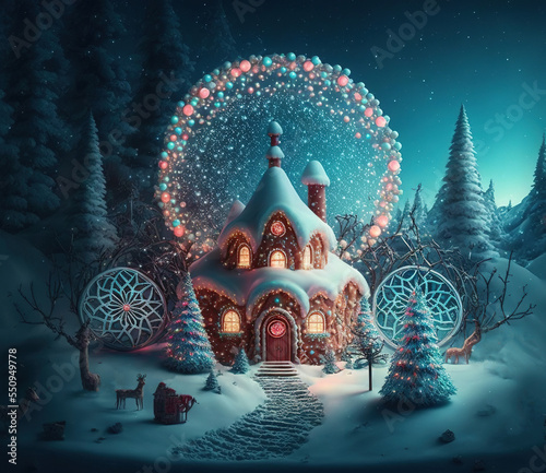 A beautiful Merry Christmas themed festive night scene in winter. A Happy New Year and Christmas Wallpaper. A Generative AI Digital Illustration.