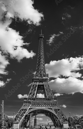 Eiffel Tower seen from below at the foot of the Eiffel Tower